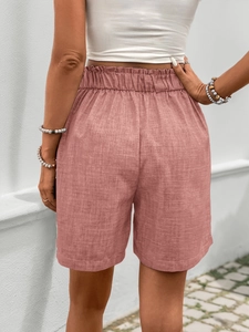 Detail rosa High-Waist-Leinenshorts mit elastischem Rüschenbund und lockerer Passform
