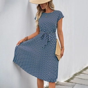 Women summer dress with blue geometric pattern, tie waist and flutter sleeves for outdoors