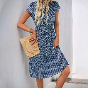 Blue geometric print summer dress with ruffled sleeves and adjustable waist belt