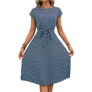 Blue and white geometric print midi dress with short sleeves and waist tie belt