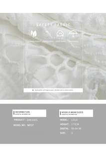 Detail of white hollow lace fabric with model size specifications for summer halter dress