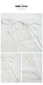 Macro details of white lace halter dress showing the neck bow tie and floral texture
