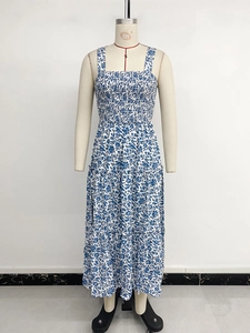 Close-up of blue floral print summer dress featuring smocked bodice and tiered hem details