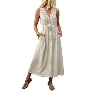 Women's sleeveless V-neck maxi dress with front buttons and drawstring waist in beige