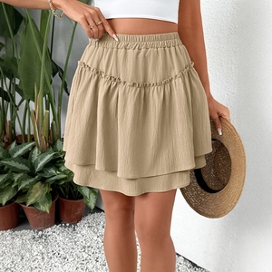 Chic khaki high-waisted tiered ruffle mini skirt with elastic waistband for women