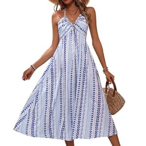 Robe d'été femme dos nu col en V sans manches ligne A en bleu et blanc pour vacances