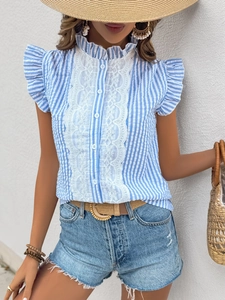Detailed view of blue striped sleeveless blouse with delicate lace trim and ruffle collar