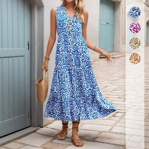 Damen Boho Ärmelloses Midi Kleid V-Ausschnitt 100% Viskose Paisley Druck Gestuftes A-Linie Strandkleid Sommer Urlaub Kleid