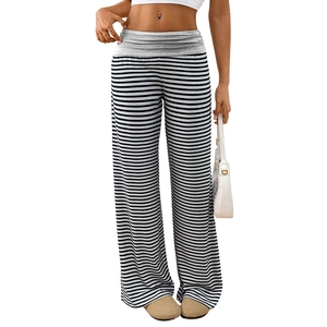 Pantalon large décontracté pour femmes avec rayures noires et blanches et taille haute