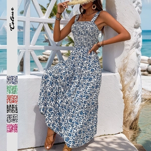 Women Bohemian Floral Smocked Maxi Dress Tiered Sleeveless Square Neck Summer Beach Vacation Viscose Long Dress