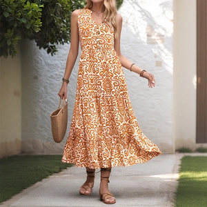 Damen Ärmelloses Maxikleid mit V-Ausschnitt, orangefarbenem Muster und Stufenrock