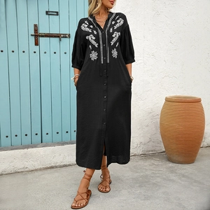 Women's Ethnic Embroidered V-Neck Dress Bohemian Floral Embroidery Half Sleeve Button Down Loose Fit Midi Long Dress