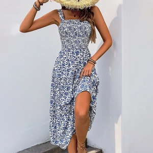 Summer blue floral tiered dress with smocked bodice and thin spaghetti straps for women