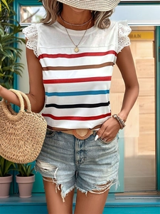 Close-up of women striped t-shirt featuring intricate white lace flutter sleeves