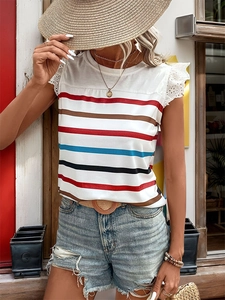 Detail view of the elegant lace embroidery on striped short-sleeved t-shirt sleeves