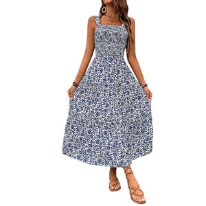 Blue and white floral summer maxi dress with smocked bodice and tiered bohemian skirt