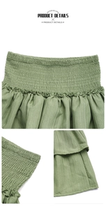 Detail of grass green smocked waist and tiered ruffles on lightweight checkered fabric