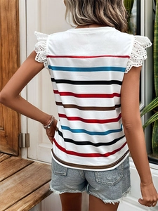 Detail of summer striped T-shirt featuring white lace flutter sleeves and openwork design