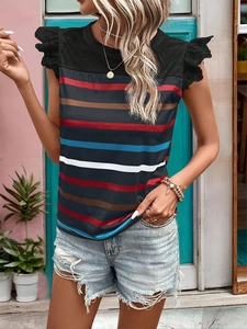 Detail of black lace trim on sleeves and multicolor striped knit texture of the summer tee