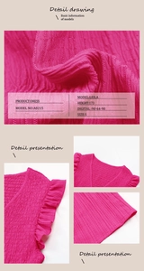 Detail view of rose red smocked fabric texture and ruffle sleeves for dress A8215