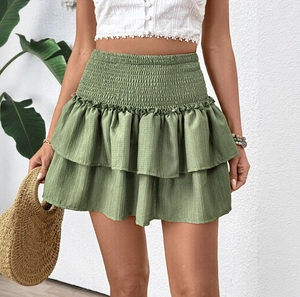 Women Smocked Tiered Mini Skirt High Waist Ruffle Layered Sage Green A-Line Summer Beach Holiday Boho Flowy Short Skirt
