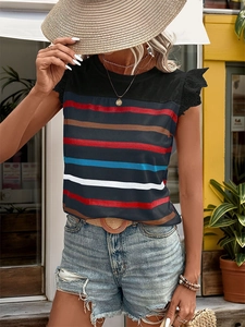 Detail of multi-color striped top featuring elegant black lace hollow ruffle sleeves