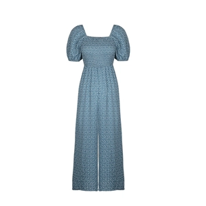 Detail of blue floral jumpsuit with smocked square neck and puffy sleeves design
