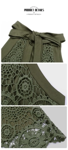 Close-up of army green summer top showing delicate floral lace and bow tie detail