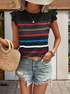 Detail of summer striped t-shirt with delicate black lace trim on short sleeves and round neck