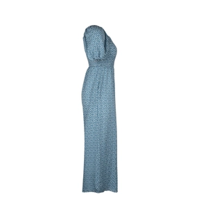 Detail of blue floral maxi dress featuring puff sleeves and a side silhouette view