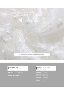 Detail of white lace jumpsuit fabric showing breathable floral crochet texture and quality