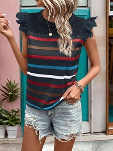 Detail of navy lace flutter sleeves and colorful striped pattern on a women's tank top