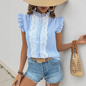 Women's blue striped sleeveless shirt with lace trim and ruffled cap sleeves
