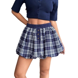 Y2K navy plaid bubble mini skirt with elastic waist and decorative metal buttons