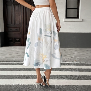 Elegant high waist white midi skirt with large floral print and A-line silhouette