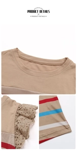 Close-up of crew neck and hollow lace cuffs on a khaki striped short sleeve top