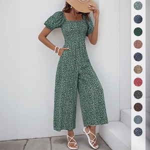 Women Floral Square Neck Puff Sleeve Smocked Wide Leg Jumpsuit Vintage French Vacation Summer Short Sleeve Romper Pockets