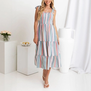 Robe Midi Bohème à Rayures Colorées pour Femmes Buste Smocké Bretelles à Nouer Étagée Ligne A Robe de Plage Été
