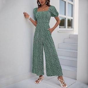 Floral wide leg jumpsuit for women with square neck and puff sleeves in dark green