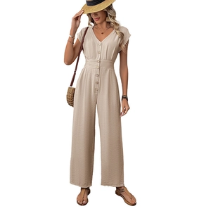 Elegant beige V-neck wide leg jumpsuit with short sleeves for summer vacation and leisure