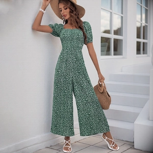 Green floral puff sleeve jumpsuit with square neck and wide leg design for women