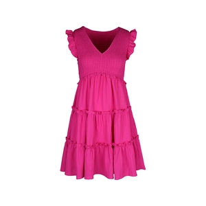 Detail of rose red tiered summer dress with V-neck and smocked bodice texture