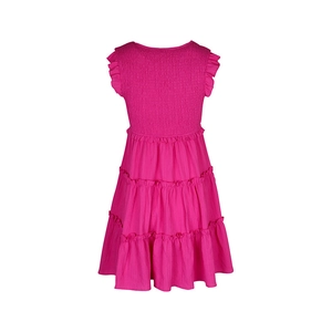 Detail of rose pink tiered dress with smocked bodice and ruffled butterfly sleeves