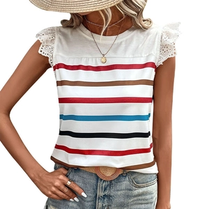 Women's colorful striped short sleeve T-shirt with white lace trim and casual round neck