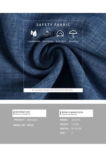 Macro view of navy blue woven dress fabric texture with model size and product info