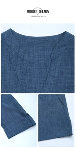 Detail view of V-neckline and buttoned cuffs on gray-blue linen texture shirt dress