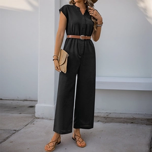 Tuta da Donna Casual con Scollo a V e Maniche Corte Tinta Unita Nera a Vita Alta Gamba Larga Lunga Tuta con Cintura Abiti Estivi