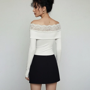Sexy white off-shoulder lace patchwork long sleeve bodysuit with knit slim fit texture