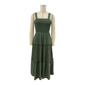 Detailed view of olive green tiered smocked dress with ruffled hem and square neckline