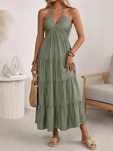 Chic backless halter neck tiered maxi dress in olive green for summer vacations